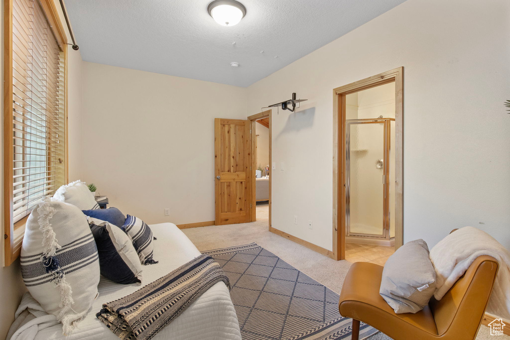 Bedroom featuring light carpet and connected bathroom
