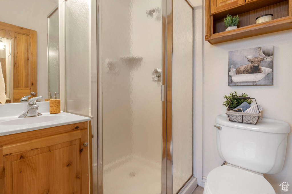 Bathroom with vanity and a stall shower