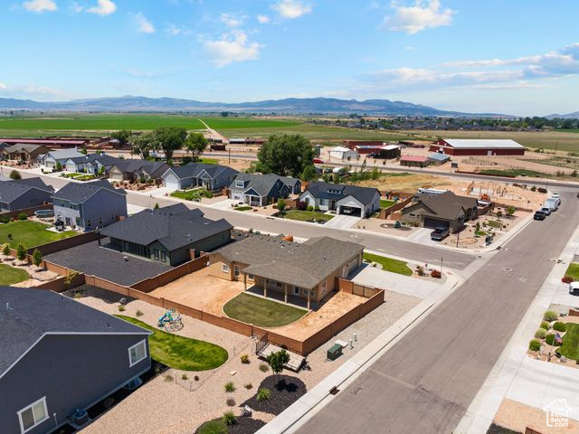 Aerial perspective of suburban area with mountains