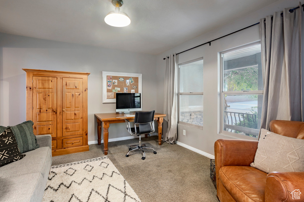 Office area with carpet flooring and baseboards