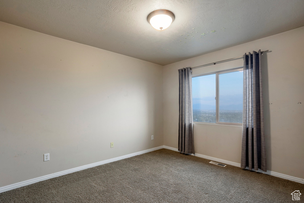 Empty room with carpet and a textured ceiling