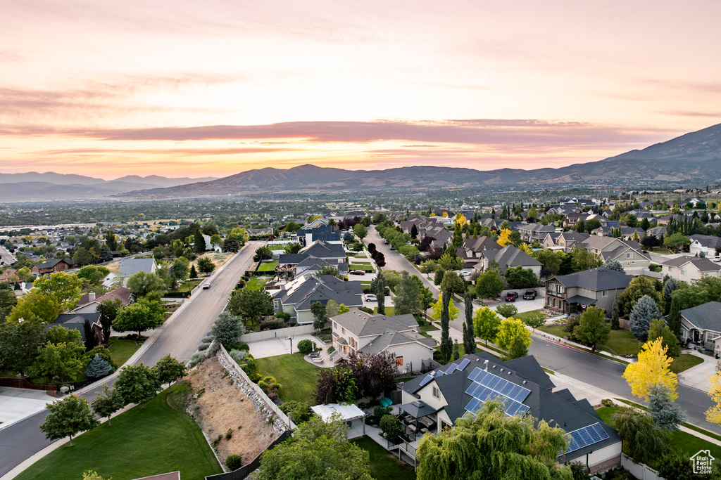 Aerial perspective of suburban area with mountains