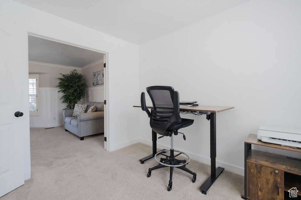 Carpeted home office featuring ornamental molding and baseboards