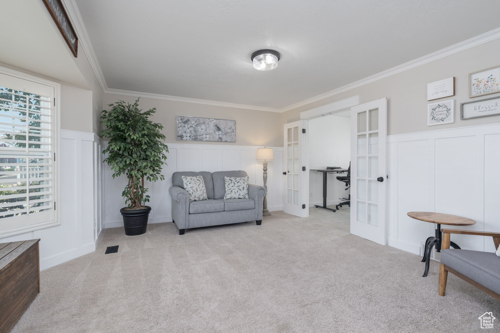 Living area featuring french doors, carpet floors, crown molding, a decorative wall, and wainscoting