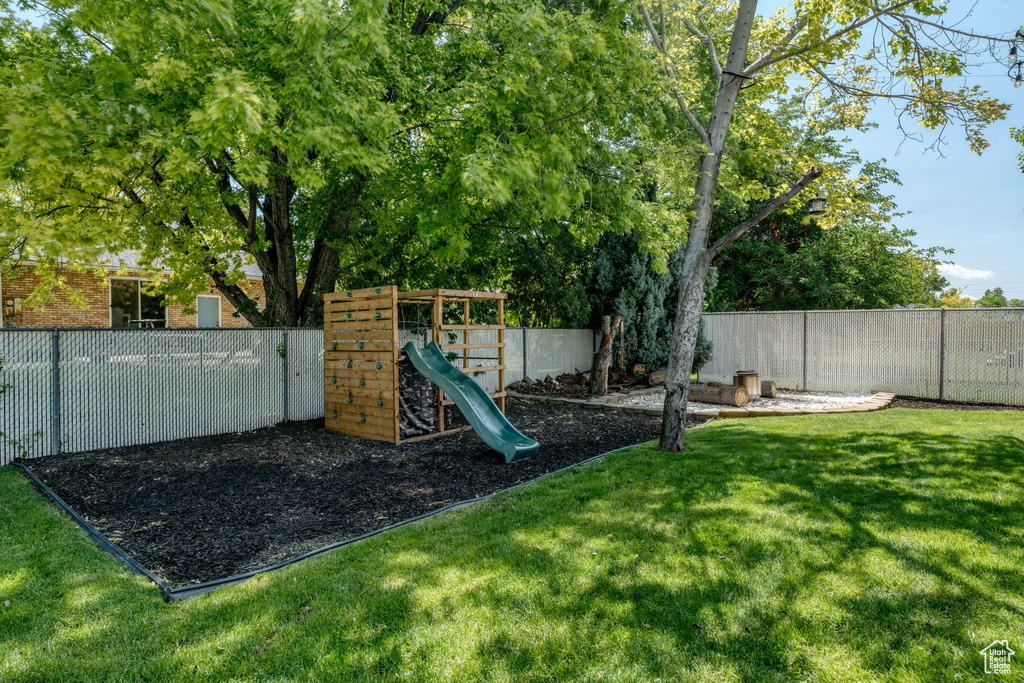 View of playground featuring a fenced backyard