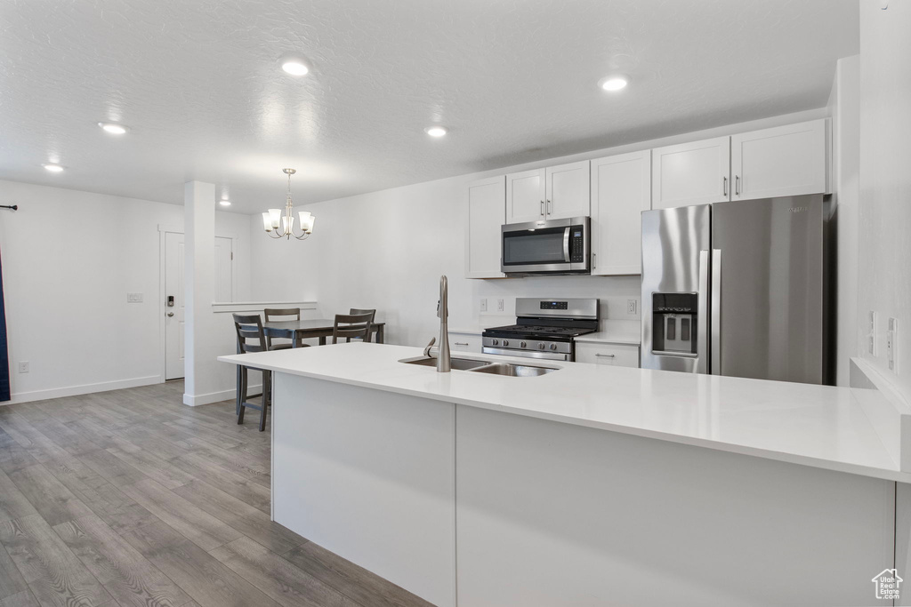 Kitchen featuring appliances with stainless steel finishes, wood finished floors, white cabinetry, a chandelier, and light countertops