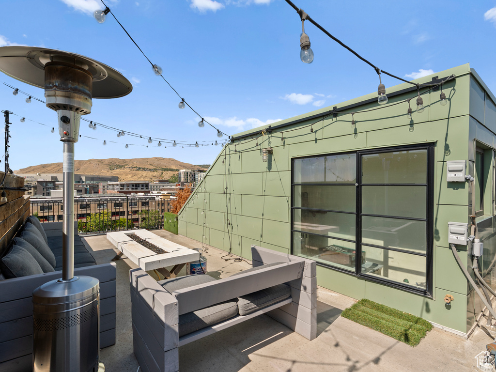 Patio / terrace with a mountain view