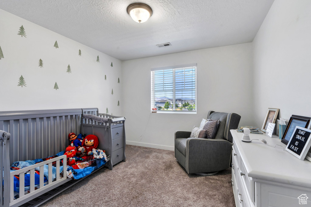 Bedroom featuring a textured ceiling and carpet flooring