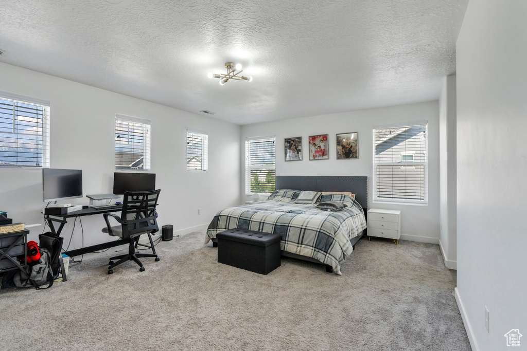 Bedroom with carpet flooring, an office area, and a textured ceiling