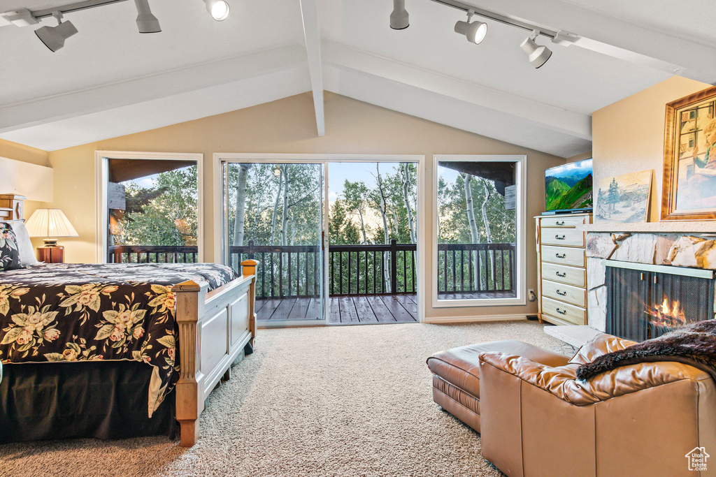 Bedroom with track lighting, access to outside, carpet flooring, and a warm lit fireplace