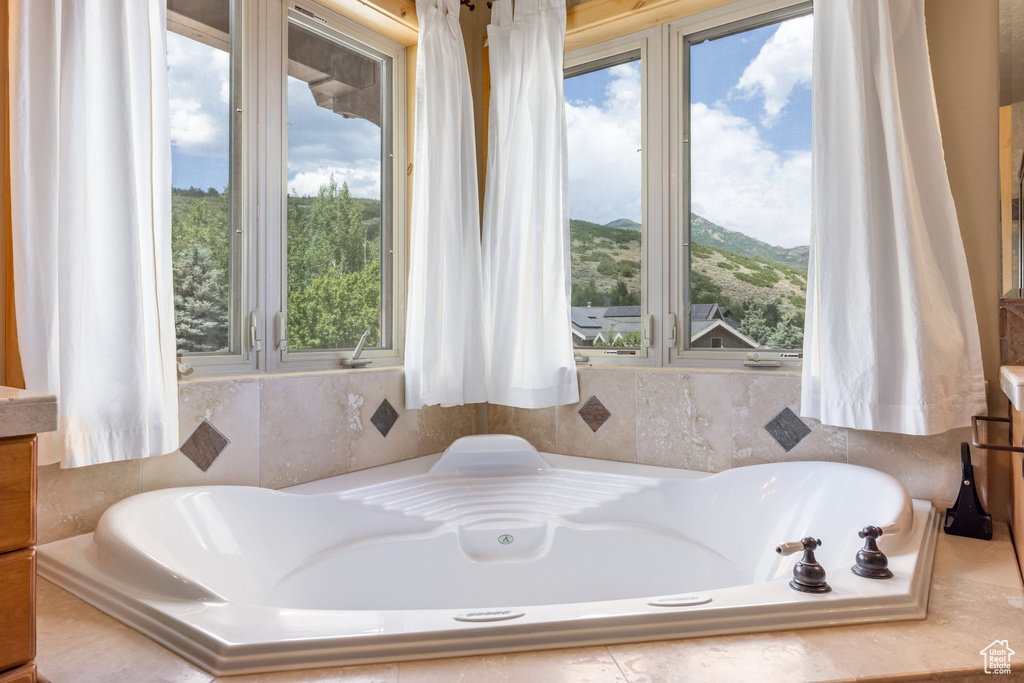 Bathroom with plenty of natural light, a bathtub, and vanity