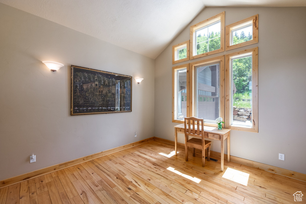 Office featuring wood-type flooring and high vaulted ceiling