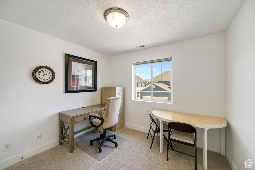 Office with a textured ceiling and light carpet