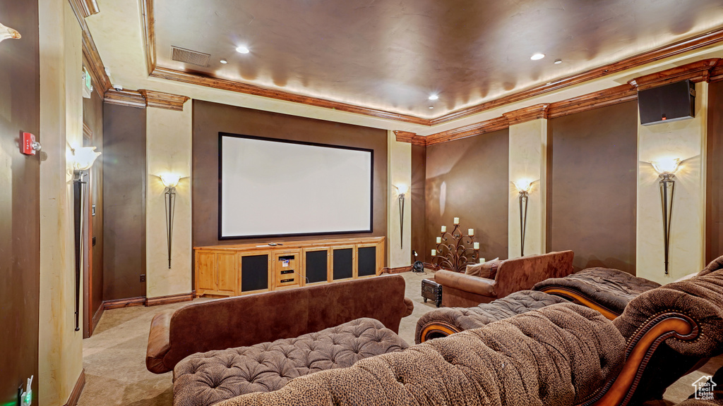 Home theater room featuring crown molding, a tray ceiling, and recessed lighting