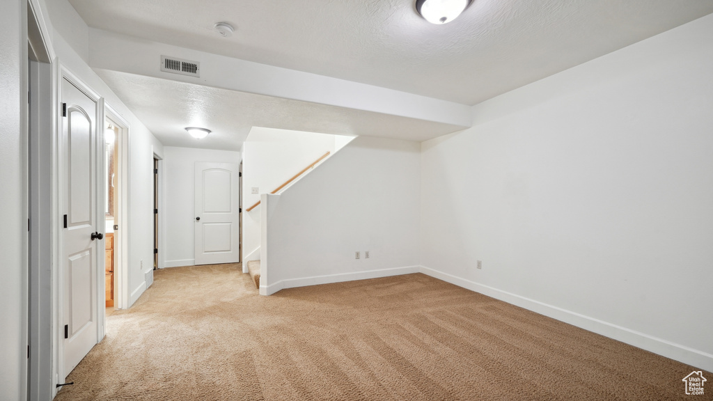 Below grade area with light colored carpet and a textured ceiling