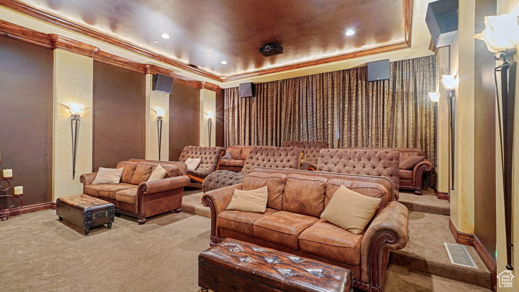 Cinema with carpet, a tray ceiling, ornamental molding, and recessed lighting