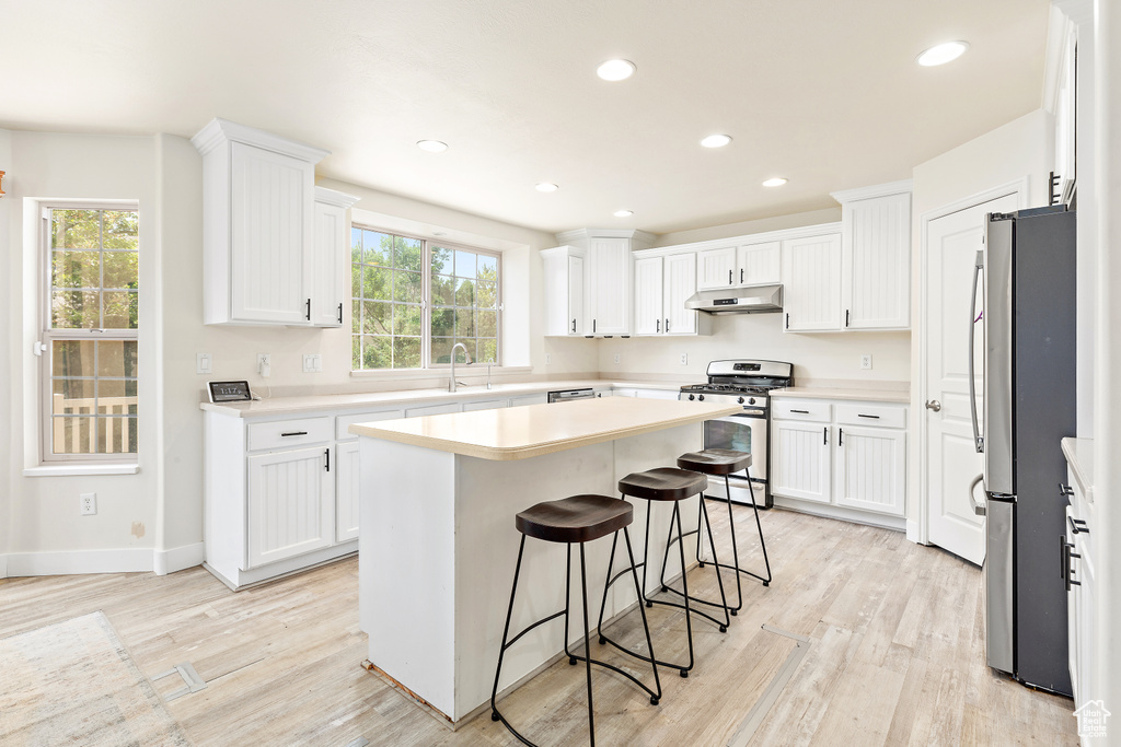 Kitchen featuring stainless steel appliances, under cabinet range hood, light wood-style flooring, healthy amount of natural light, and recessed lighting