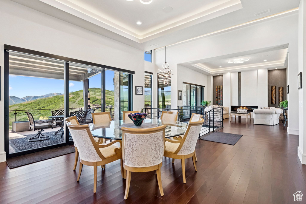 Dining area featuring a tray ceiling, a mountain view, a chandelier, and dark wood finished floors