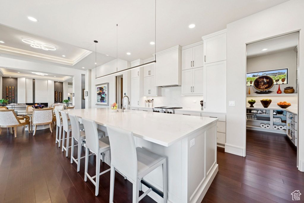 Kitchen featuring dark wood-style floors, a breakfast bar, a large island with sink, white cabinets, and premium range hood