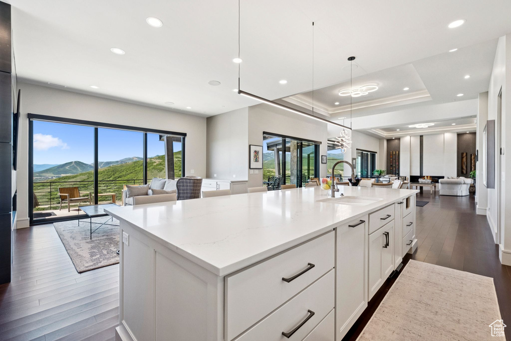 Kitchen with open floor plan, a mountain view, dark wood finished floors, a large island with sink, and white cabinetry