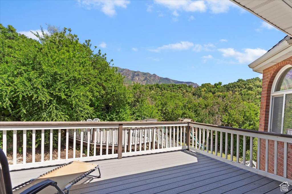 Wooden terrace with a forest view and a mountain view