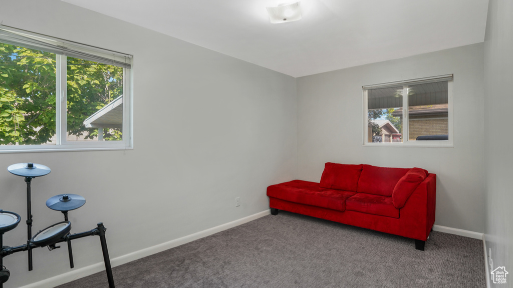 Living area with carpet floors and baseboards