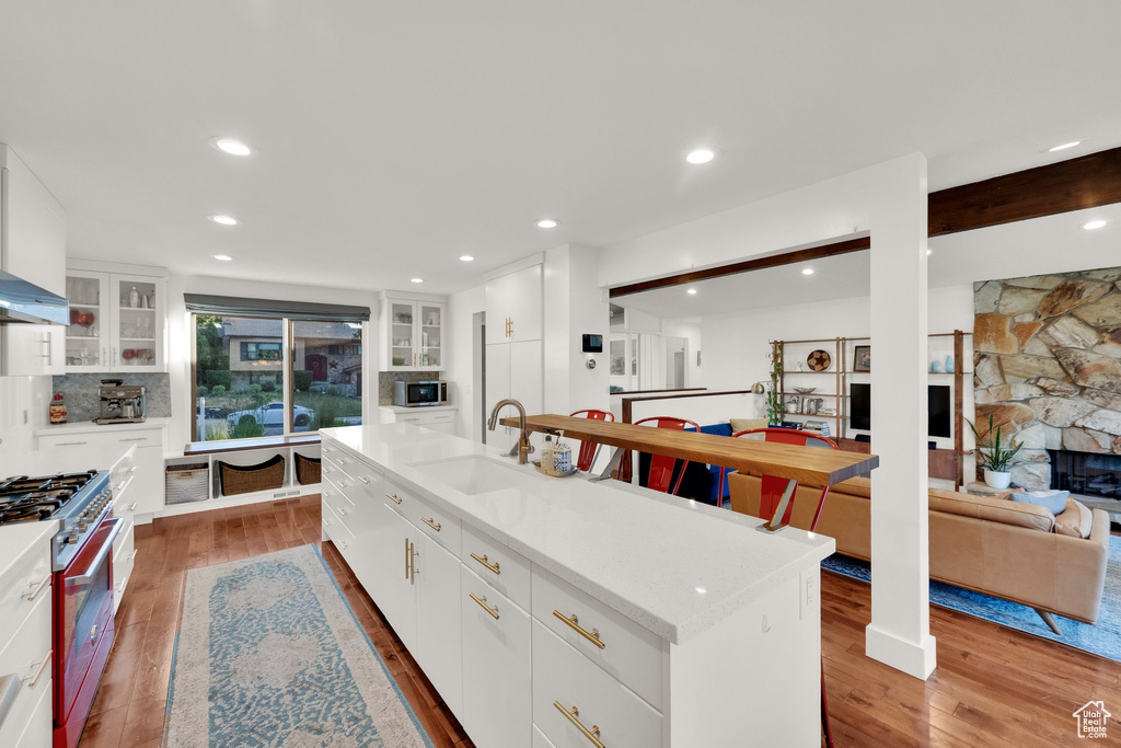 Kitchen featuring stainless steel appliances, white cabinets, wood finished floors, glass insert cabinets, and recessed lighting