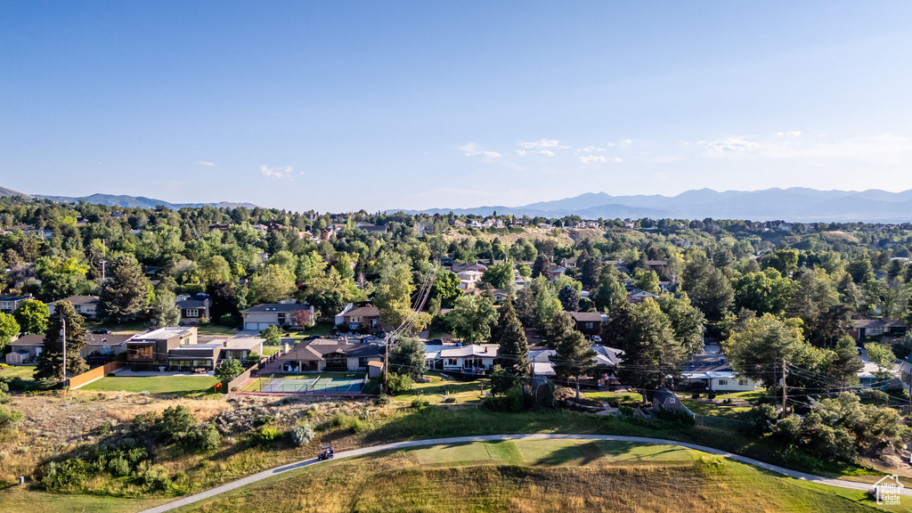 Aerial perspective of suburban area featuring a mountainous background