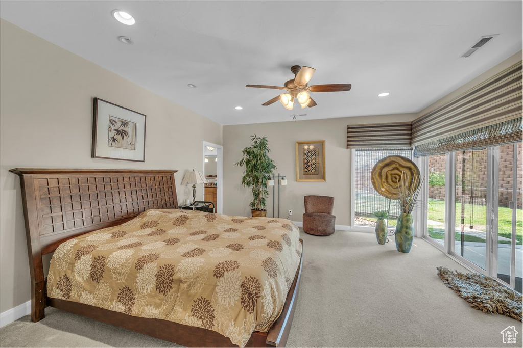 Bedroom featuring carpet floors, recessed lighting, access to outside, and ceiling fan
