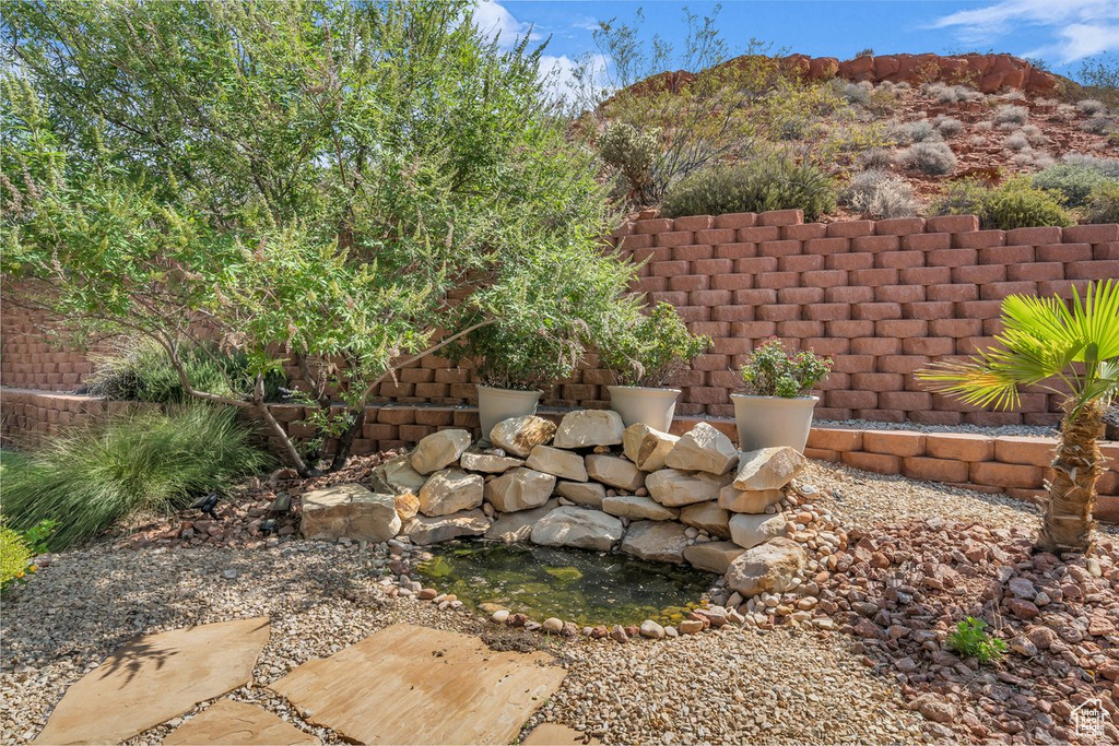 View of yard featuring a mountain view and a garden pond
