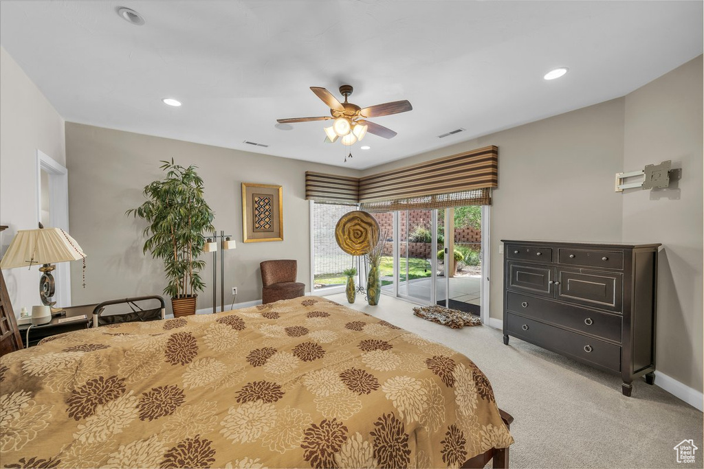 Bedroom with carpet flooring, recessed lighting, and ceiling fan