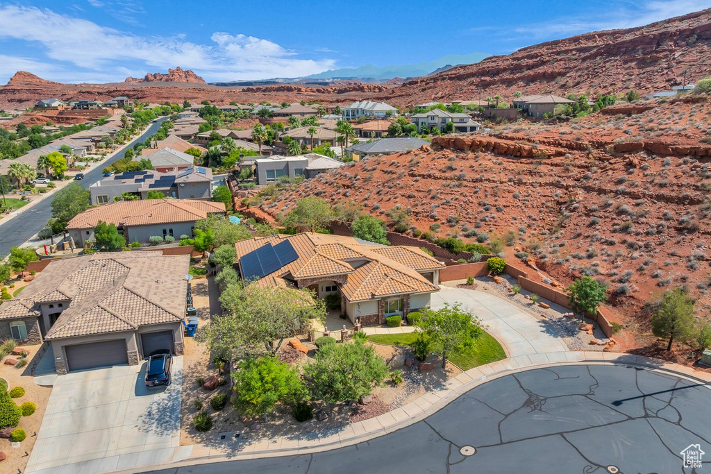Aerial perspective of suburban area featuring mountains