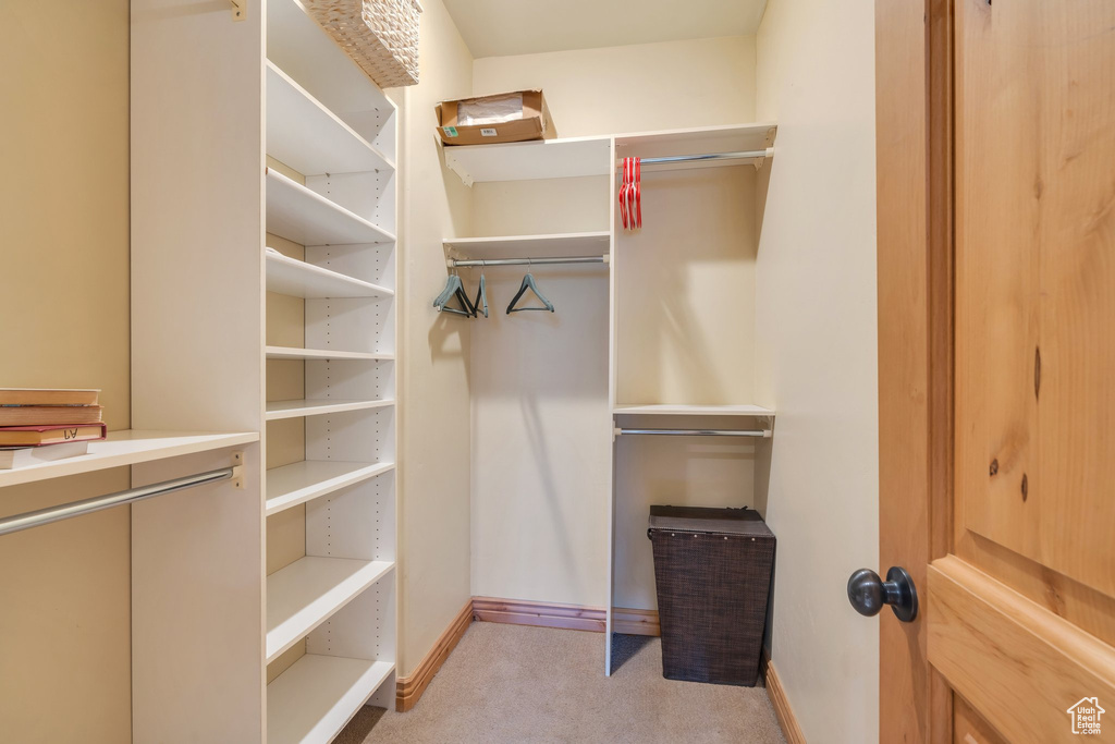 Walk in closet with light colored carpet