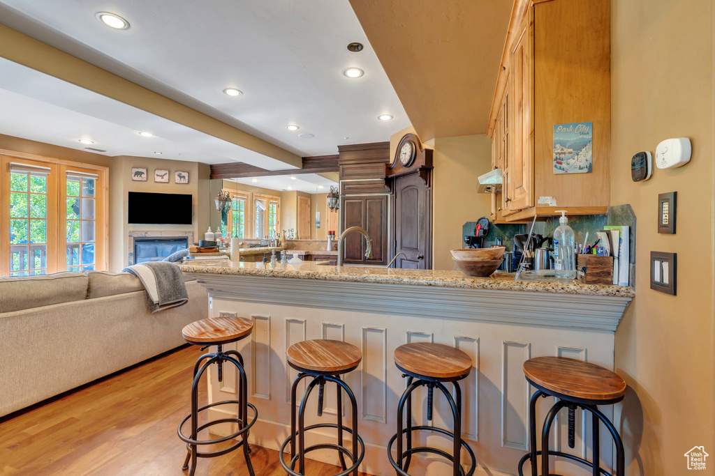 Kitchen with a peninsula, recessed lighting, light wood finished floors, plenty of natural light, and open floor plan