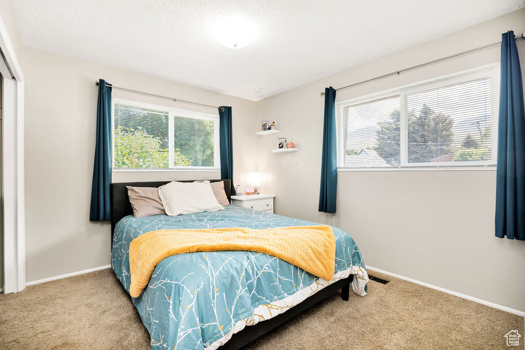 Carpeted bedroom featuring baseboards and a textured ceiling