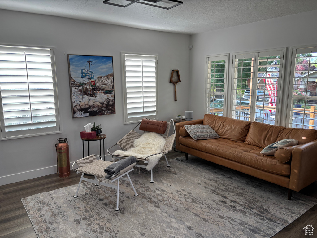 Living area featuring wood finished floors and a textured ceiling