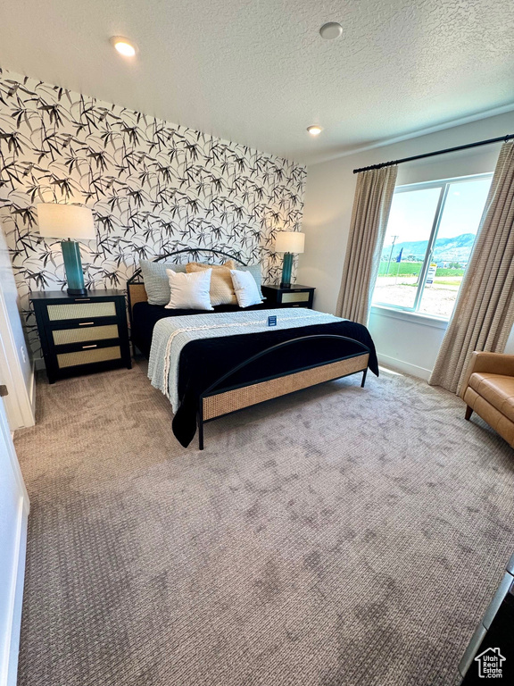 Bedroom with a textured ceiling and carpet