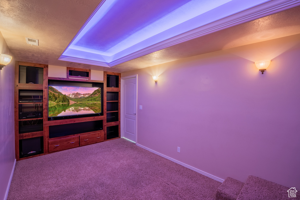 Cinema room featuring carpet flooring, a textured ceiling, and a tray ceiling
