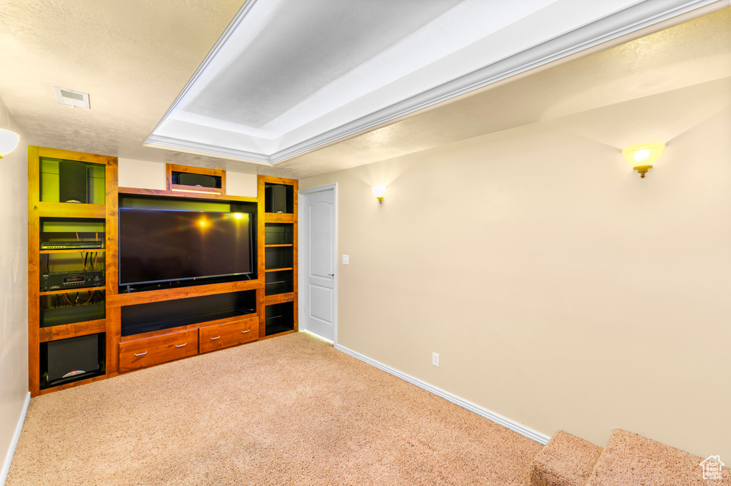 Unfurnished living room with carpet flooring and a raised ceiling