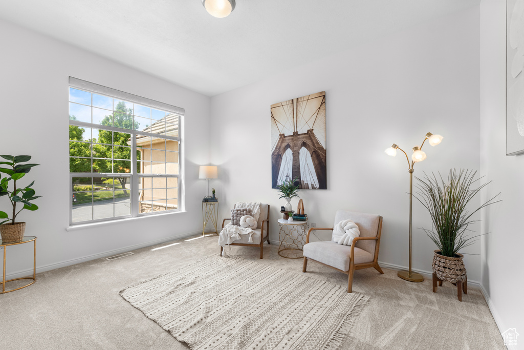 Living area with carpet floors and baseboards