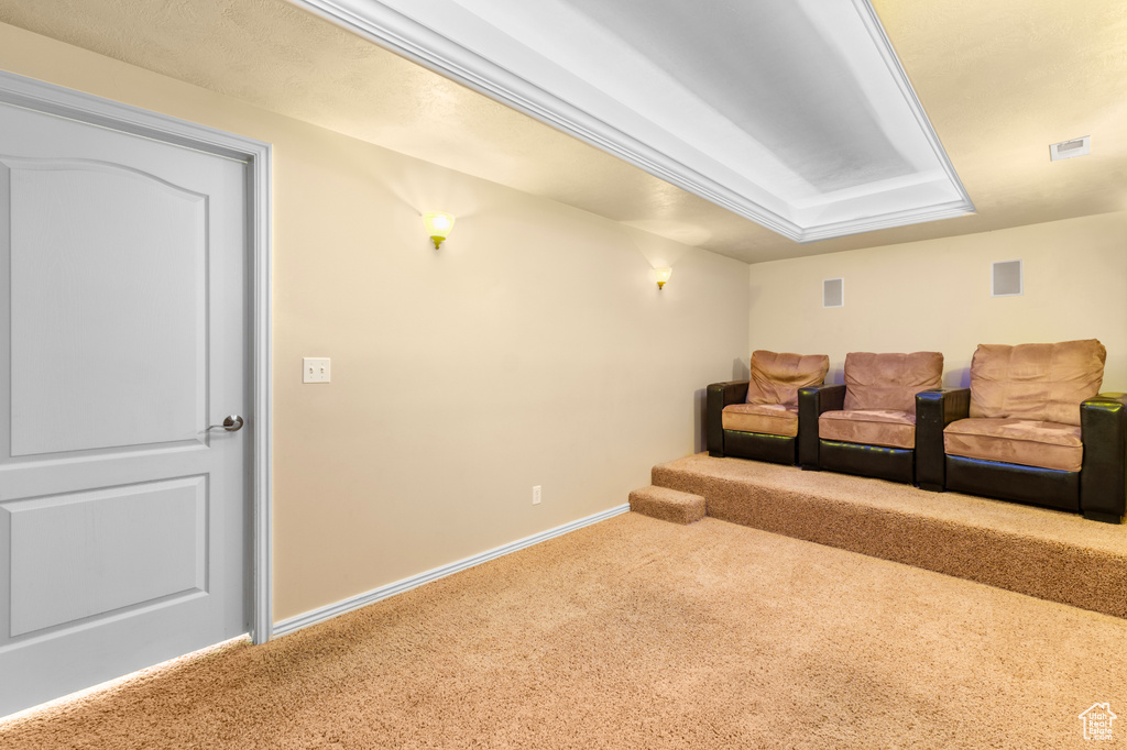 Carpeted cinema room with baseboards and a raised ceiling