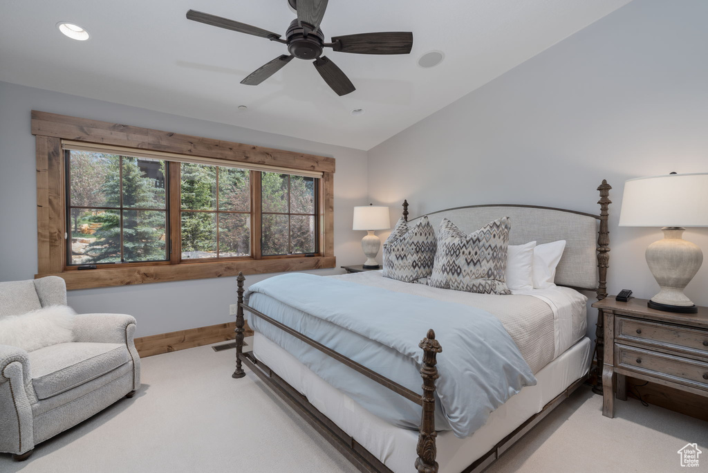 Bedroom featuring carpet flooring, lofted ceiling, ceiling fan, and recessed lighting