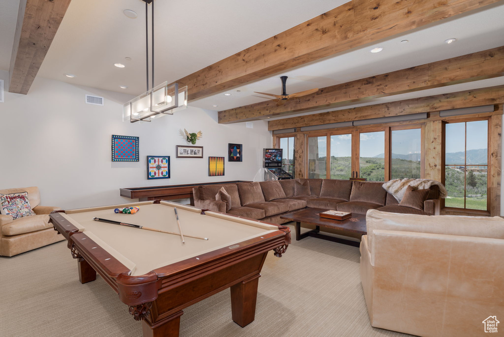 Playroom with recessed lighting, beam ceiling, light carpet, billiards table, and ceiling fan