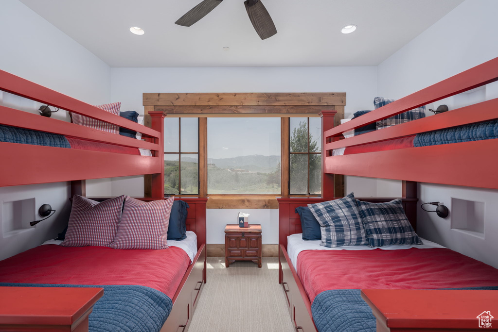 Bedroom featuring carpet flooring, ceiling fan, and recessed lighting