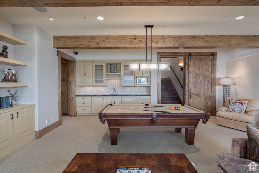 Playroom featuring light carpet, pool table, beamed ceiling, and recessed lighting