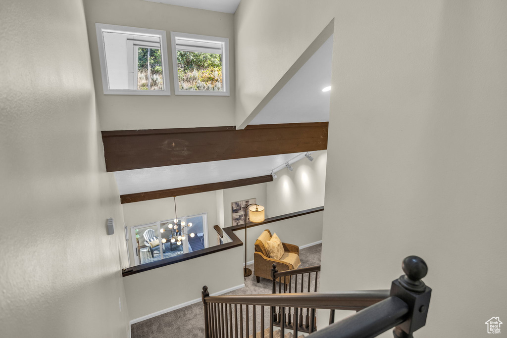 Stairs with carpet flooring and a chandelier