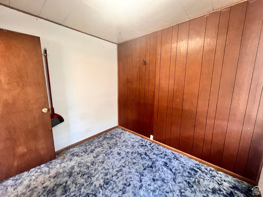 Carpeted spare room featuring wooden walls and baseboards