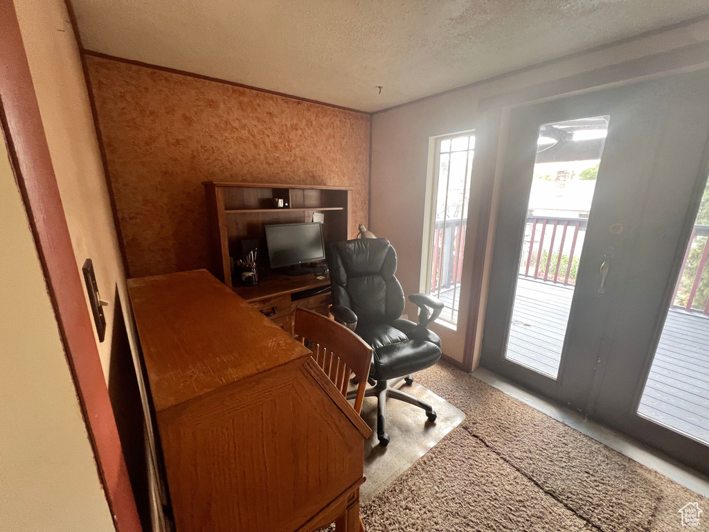 Office area with a textured ceiling
