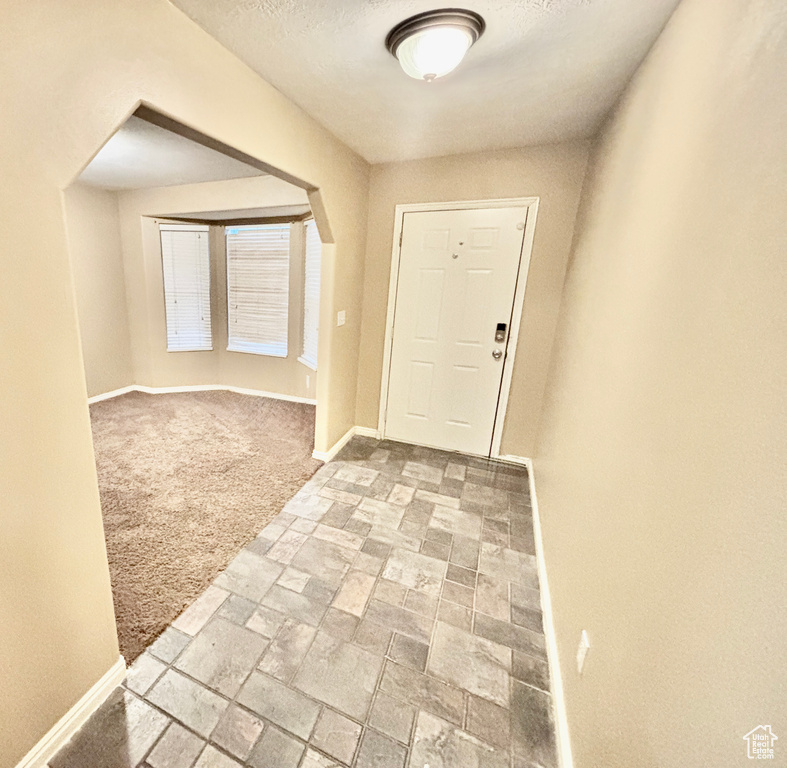 Entrance foyer featuring stone finish flooring and carpet flooring