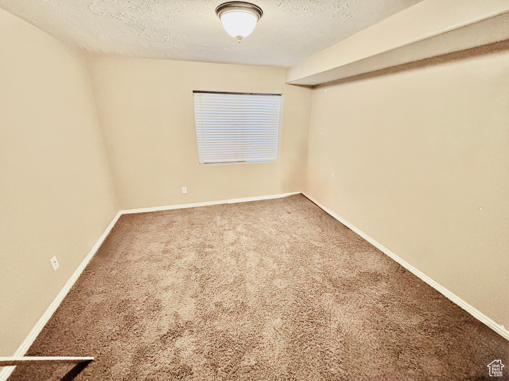 Carpeted empty room featuring a textured ceiling